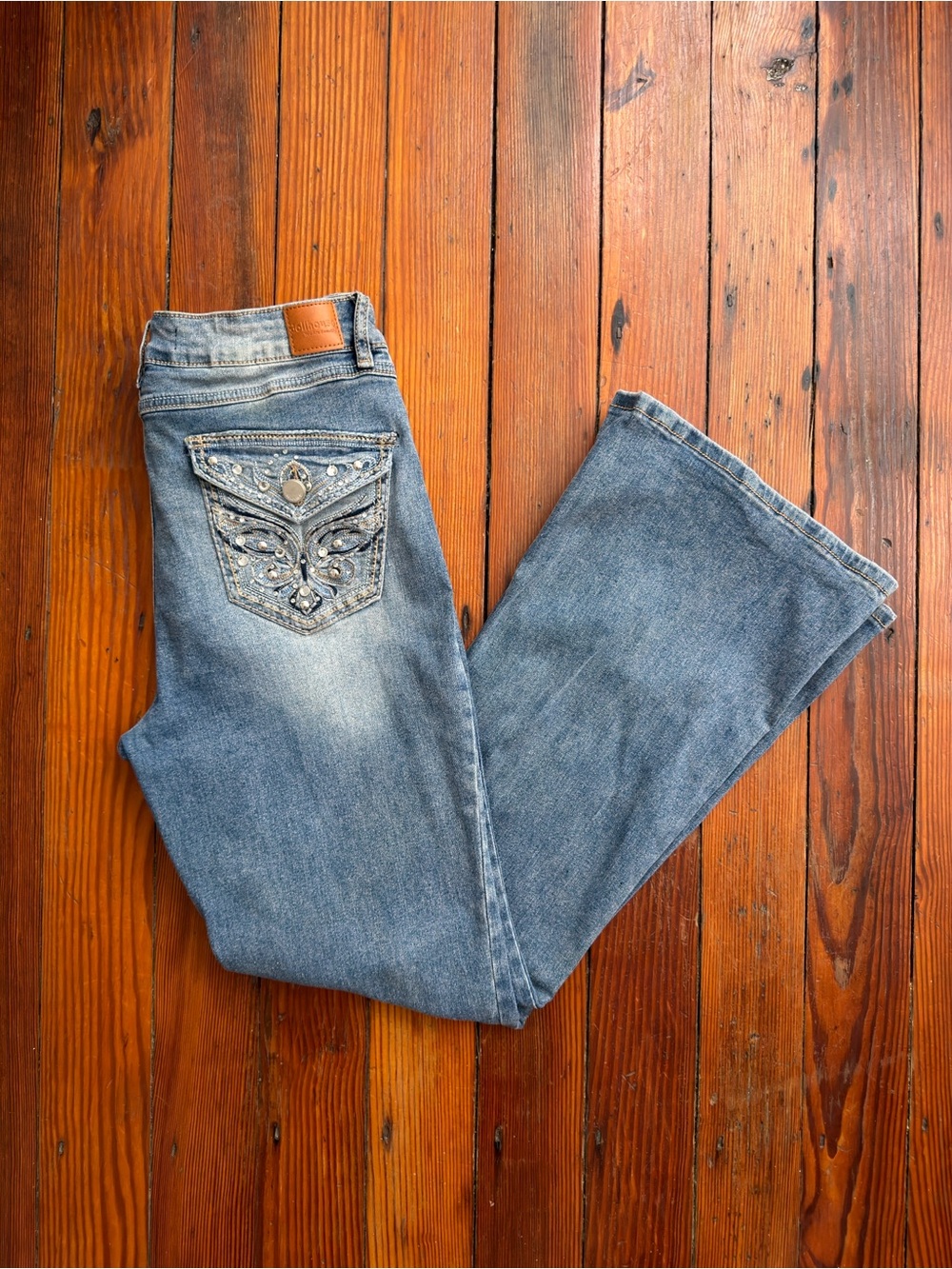 Vtg 00s Dollhouse rhinestone butterfly pockets bootcut jeans w stretch sz 13/14